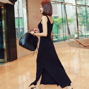 韩国新款低领连体及踝开衩气质长裙夏大摆优雅拖地显瘦超仙连衣裙