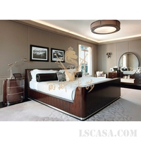 lscasa尚美风情简美家具牛皮软包床胡桃木色实木1.8米卧室双人床