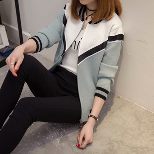 2017春装新款韩版圆领条纹撞色针织开衫女装拉链棒球服短款外套潮