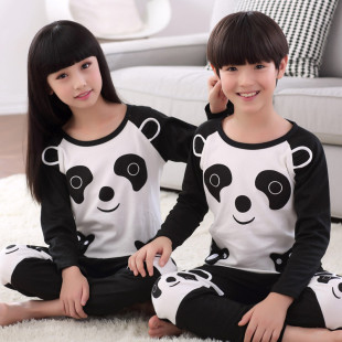 男童睡衣长袖纯棉春秋季黑白熊猫小男孩睡衣中大童儿童家居服套装