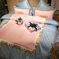 60支埃及长绒棉纯色刺绣被套简约纯棉四件套蓝色粉色拼接床上用品