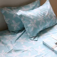 蓝色海星印花粗布床单三件套纯棉加厚地中海风格双人睡单被单枕套