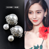 S925银韩国大小双面珍珠耳环前后耳钉镂空锆石甜美简约气质耳饰女