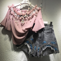 泰国潮牌珍珠喇叭短袖粉色圆领雪纺衫+钉珠阔腿牛仔短裤两件套装