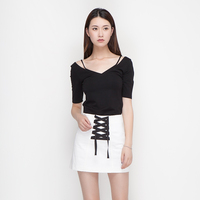YUEL XIANG官网 向月独立设计师品牌 大V领中袖上衣系带纯黑色T恤
