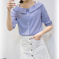 2017春夏季新款韩版学院风五分袖娃娃领一字领条纹衬衫女半袖衬衣