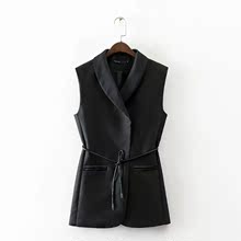 2016秋外套女装新款立体廓型无袖西装马甲中长款修身系腰带女上衣