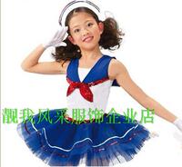 新款儿童蓬蓬裙舞蹈服装女童小海军演出服少年先锋服装蓝色小纱裙