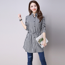 秋季新款女士中长款长袖修身大码新品韩版时尚格子衬衫包邮2016
