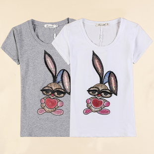 2016新款韩版夏季女装 纯手工串珠时尚兔子 纯棉短袖弹力修身T恤