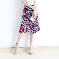 日本女装 2017夏季新品 女 时髦彩色几何图案 围裹式真丝半身裙