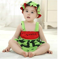 婴幼儿纯棉带帽水果连体套装夏季清爽爬服宝宝哈衣帽子2件套透气
