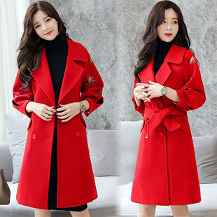 红色外套女结婚2017冬季韩版新娘中长款修身显瘦大码羊毛呢子大衣