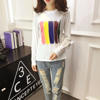 2016秋装韩版圆领长袖T恤女抽象印花图案修身纯棉学生体恤打底衫