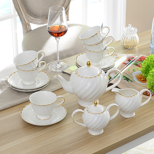 欧式咖啡杯套装 咖啡套具 金边纯白杯碟浮雕简约陶瓷下午茶壶茶具