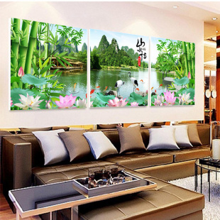 中式客厅竹子风景装饰画办公室三联无框画沙发背景墙壁画书房挂画