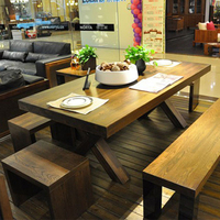 实木餐桌6人长方形餐厅饭桌美式复古长条桌做旧简约原木餐桌长桌