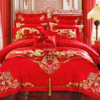君荣家纺 贡缎大红色结婚庆刺绣花床上用品 龙凤喜庆十件套床罩