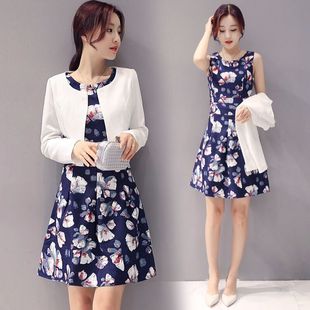 2016秋季韩版新款印花连衣裙两件套短款外套中长款显瘦时尚背心裙