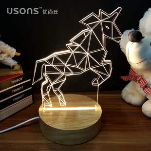 创意3D立体实木小台灯 独角兽LED原木小夜灯 情人节 圣诞生日礼物