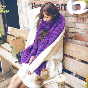 韩国针织保暖大围巾女冬季可爱长款加厚球球韩版毛线围脖拼色学生