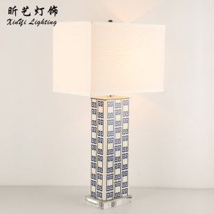 新中式方形陶瓷台灯冰裂纹水晶手绘祥云样板房客厅卧室蓝色台灯
