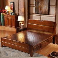 雕花全实木床1.5/1.8米 橡木高箱床储物床 现代中式双人大床婚床