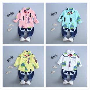 秋夏新款2016儿童套装长袖衬衫翻领两件套小童男孩宝宝1234岁韩版