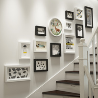 欧式楼梯实木照片墙简约现代相框墙贴创意走道挂墙组合悬挂装饰品