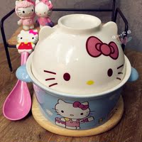 韩式卡通陶瓷泡面碗叮当猫kitty学生可爱双手柄带盖礼物汤碗套装