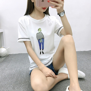夏季新款韩版流苏短款T恤女学生宽松短袖显瘦印花圆领休闲上衣女