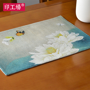 新中式中国风加厚棉麻布艺水墨禅意荷花防滑餐垫长方形隔热垫桌垫