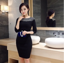 2016秋装新款女装韩版针织打底衫钉珠镶钻重工显瘦修身长袖连衣裙