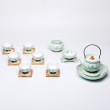 高档青瓷功夫茶具套装 纯手工手绘荷花整套 龙泉泡茶陶瓷家用组合