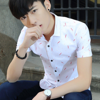 夏季流行男装短袖衬衫韩版格子衬衣潮印花上衣服男士修身青年寸衫