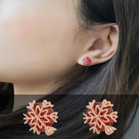 韩国百搭红色锆石耳钉女士纯银气质水晶个性玫瑰金耳环防过敏饰品