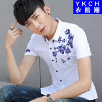 夏季短袖衬衫男青年薄款学生韩版修身印花白衬衣牛津纺免烫上衣潮