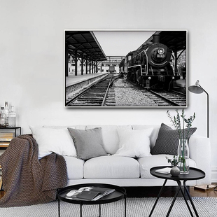 黑白摄影老式火车头简约有框装饰画家居玄关走廊办公室挂画壁画