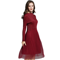 欧美气质连衣裙女士高贵立领中长裙显瘦红色蕾丝拼接百褶裙子新款