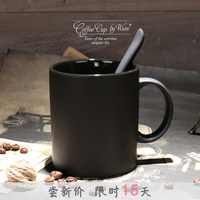欧式咖啡厅订制 黑色哑光马克杯带勺 简约咖啡杯 出口高档陶瓷杯