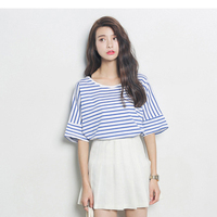 2016夏季韩版女装 纯棉短袖海军风条纹T恤圆领宽松百搭上衣