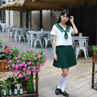 学生制服学院风cos女款JK绿色短袖上衣裙子领带百褶裙演出服套装