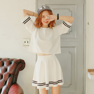2016夏装新款白色短裙套装学院风韩版休闲两件套修身显瘦中袖裙子