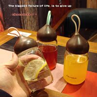 创意小巧克力提绳透明简约玻璃水瓶时尚男女学生柠檬带盖布套杯子