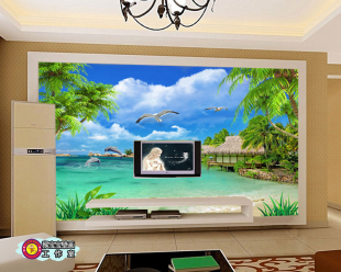 风景天空大海海鸥树木海豚蓝天3D视觉客厅背景墙大型无缝壁画墙纸