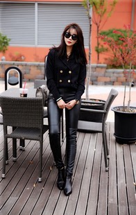 不退不换【和田家】韩国直送2017秋季新款女装铅笔裤小脚皮裤黑色