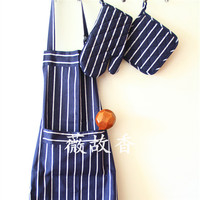 清仓日式和风深蓝色布艺条纹微波炉烤箱隔热手套餐垫餐巾围裙桌布