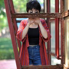 九氼原创2016年夏季新款 七分袖红色纯棉复古条纹和风外套开衫女