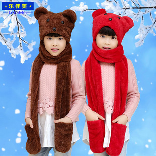冬季男女儿童韩版保暖帽子围巾手套三件一体套装毛绒加厚护耳围脖