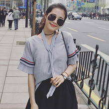 2016夏季韩国女领带系带V领条纹百褶荷叶袖木耳边五分袖衬衫上衣